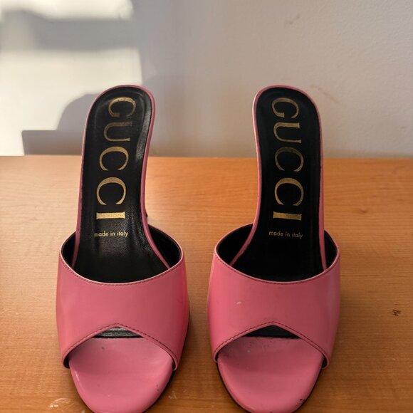 GUCCI Scarlet Pink Patent Leather Heel Mules Slides Sandals FW2019 Size 36.5 - Picture 2 of 7